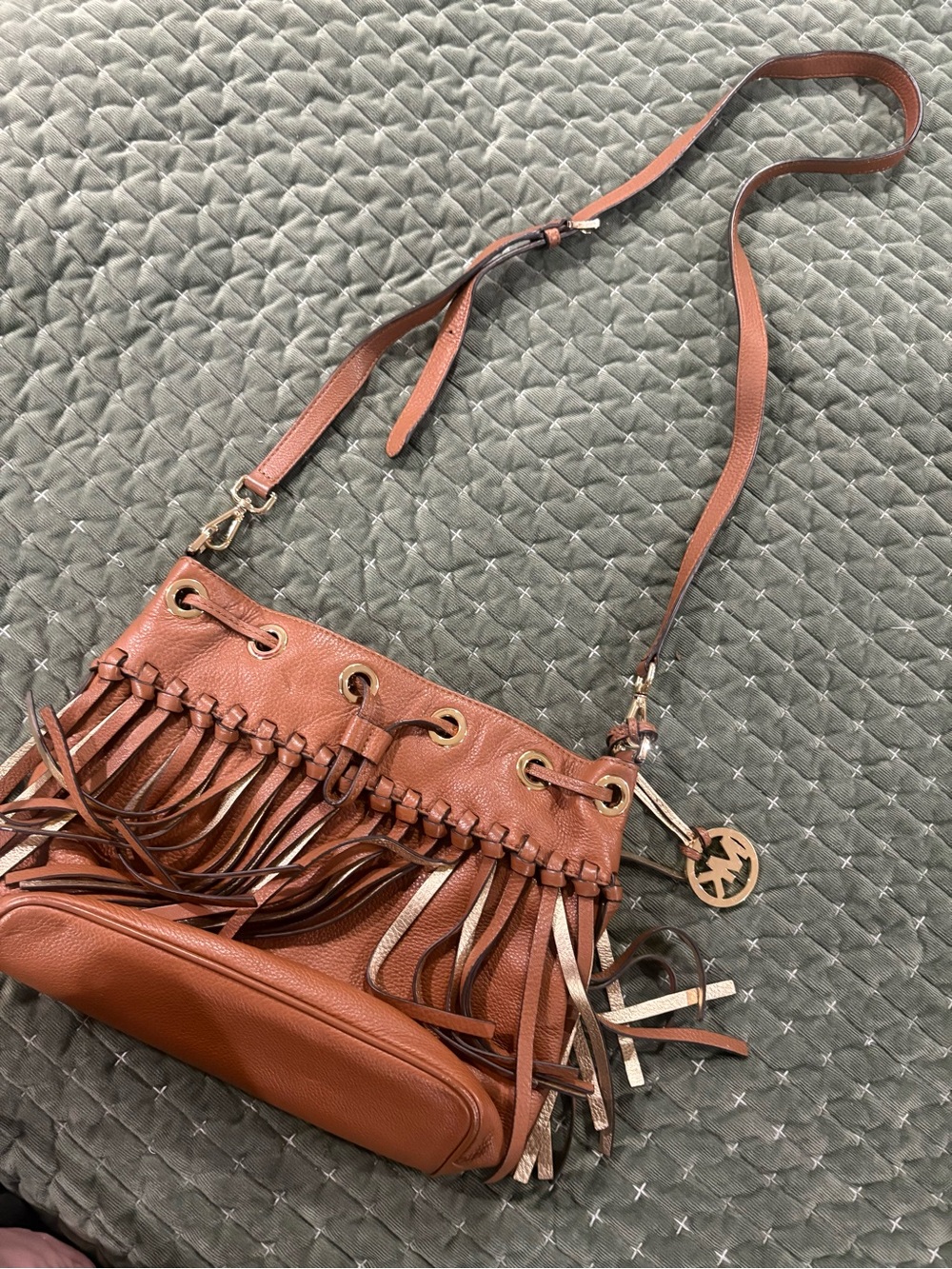 Michael Kors Hamilton Brown fringe bucket, hobo Crossbody purse bag